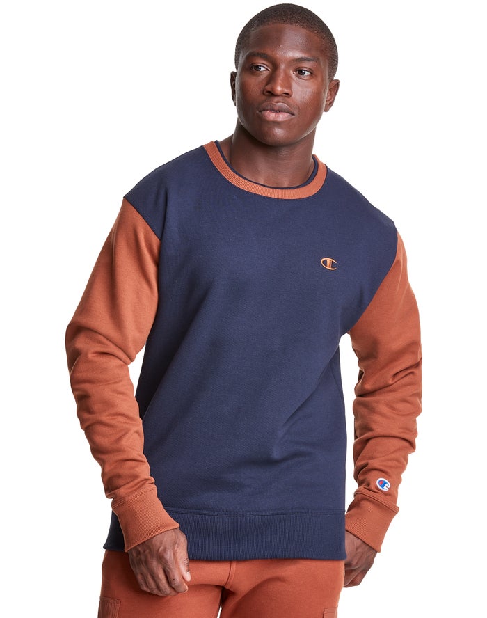 Champion Powerblend Fleece Crew Double Collar Crew Embroidered C Logo Sweatshirt Heren - Donkerblauw